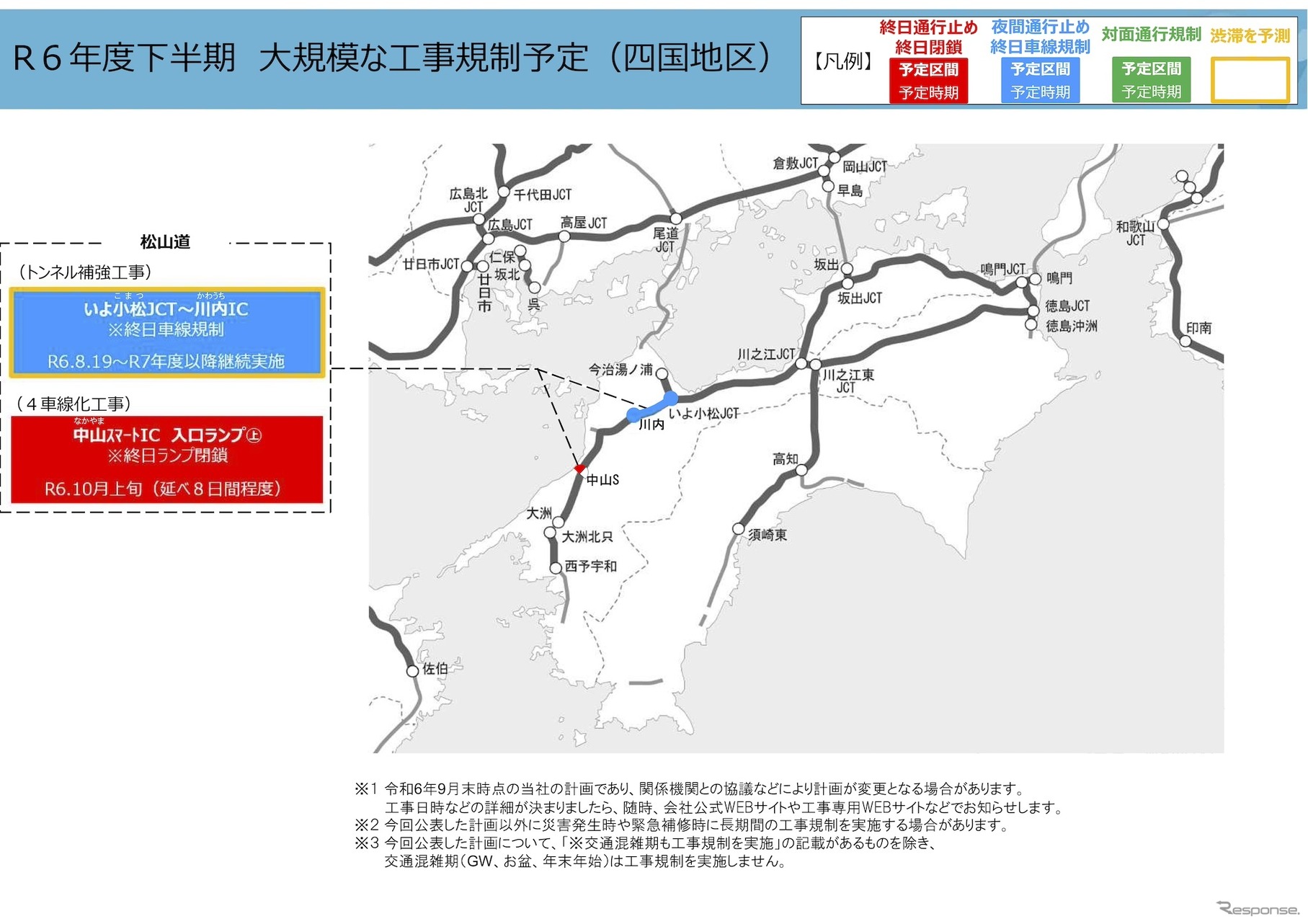 NEXCO西日本の大規模な工事規制予定、2024年度下半期