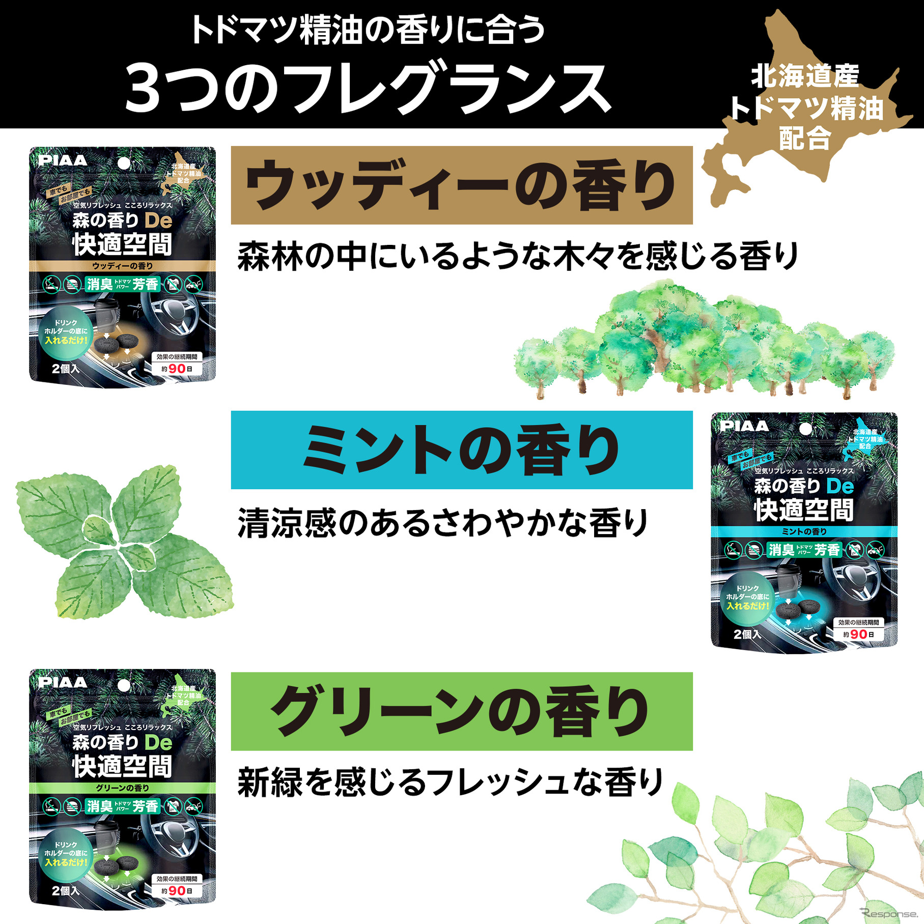 ドリンクホルダーの底に入れるだけの消臭・芳香剤、「PIAA 森の香りDe快適空間」3種類が発売