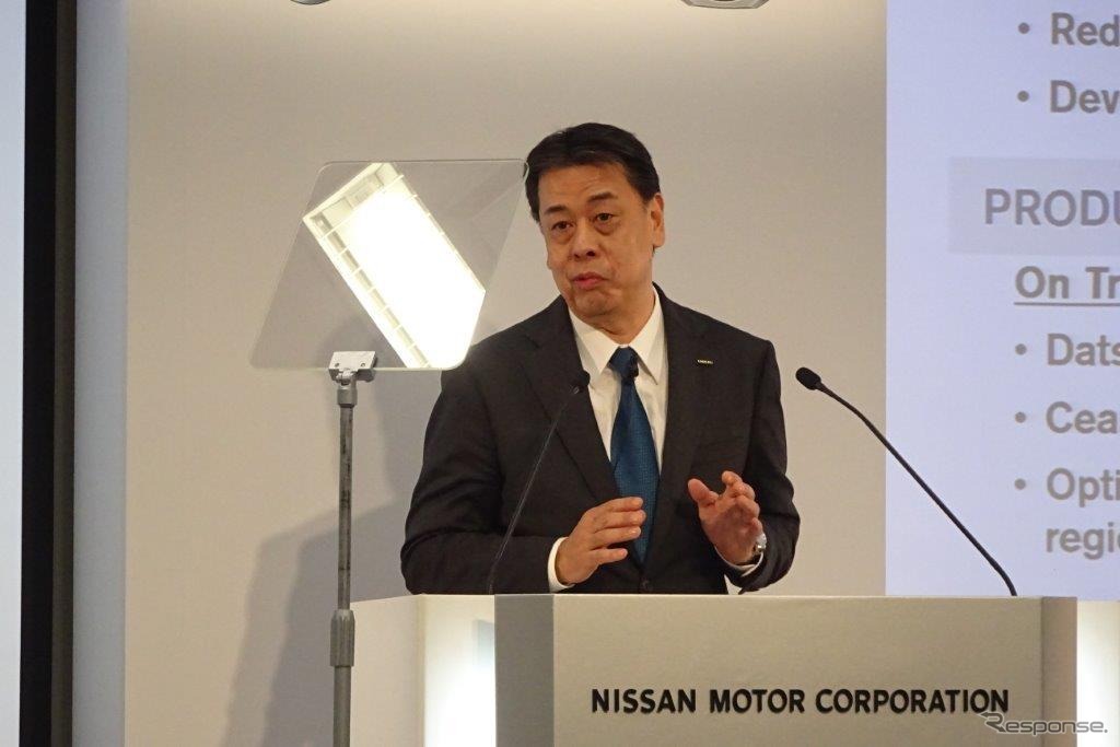 決算を発表する日産の内田誠社長（2020年2月）