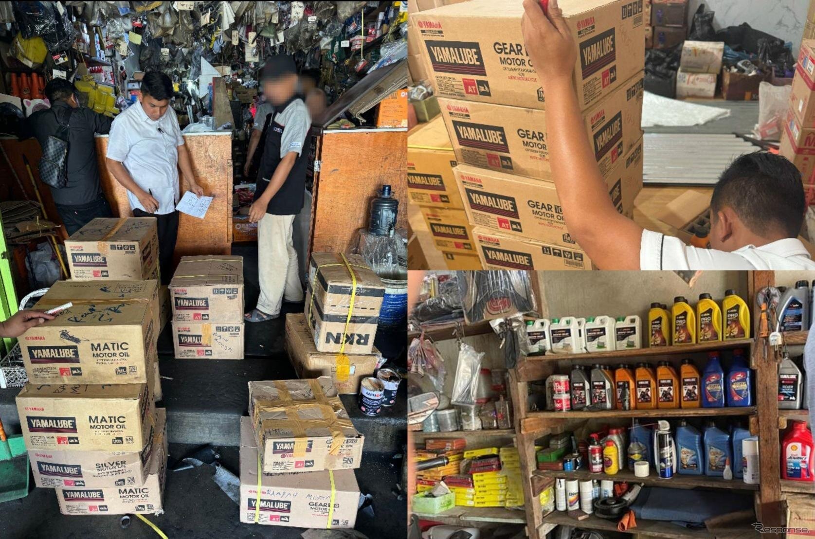 模倣品の摘発現場（左／右上）と、小規模路面店の棚に並ぶ「YAMALUBE」の模倣品（右下）