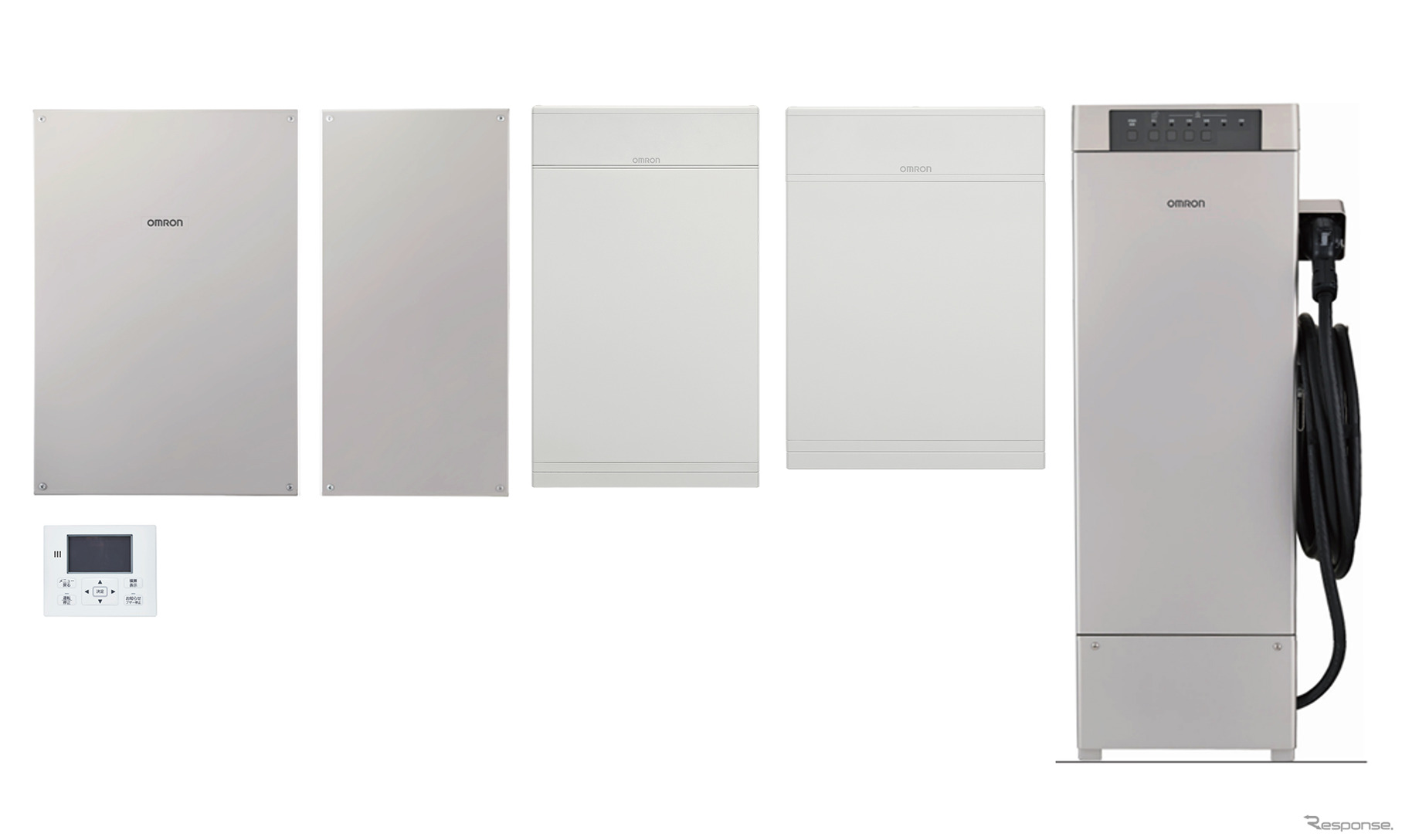 左より、トリプル蓄電パワーコンディショナ、蓄電池用コンバータ、蓄電池ユニット6.5kWh/9.7kWh、V2Hスタンド