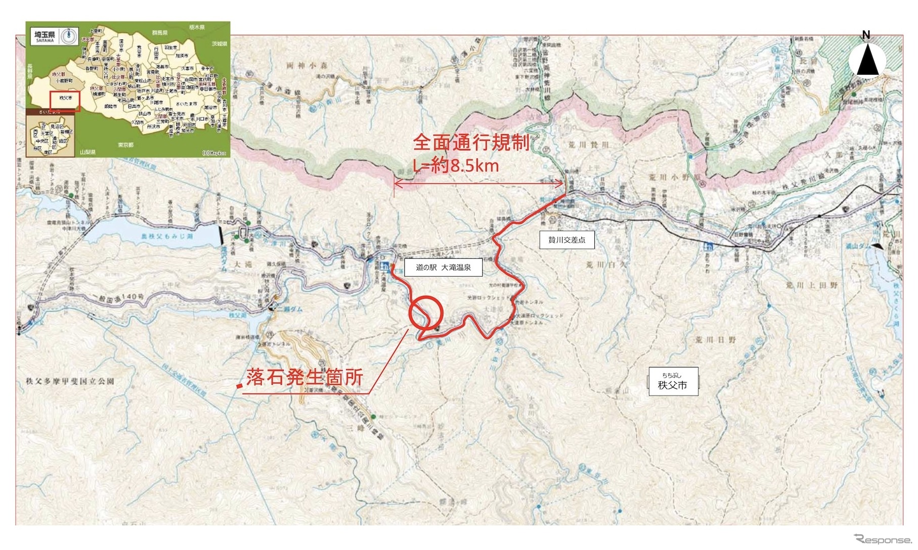落石発生箇所と当初の通行規制区間
