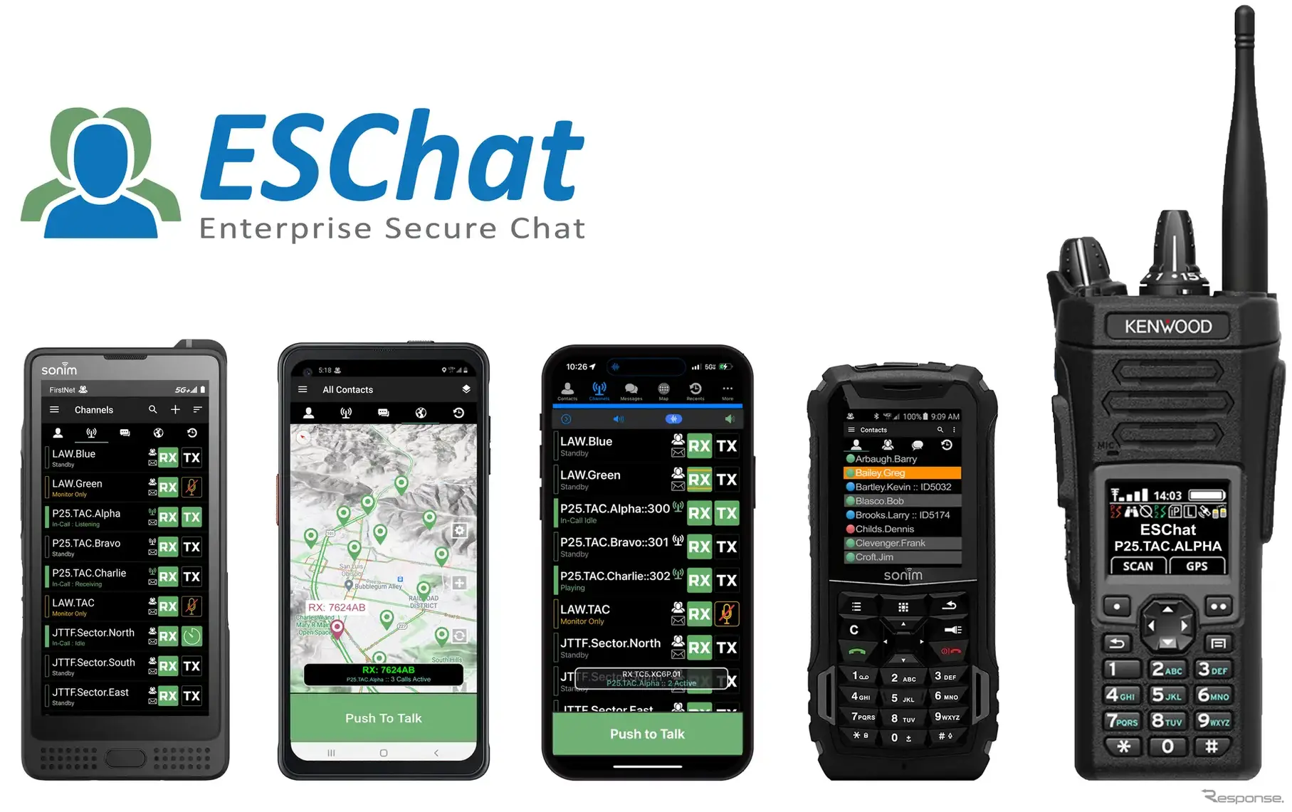 IP無線サービス「ESChat」とKENWOODブランドの無線機端末（右端）
