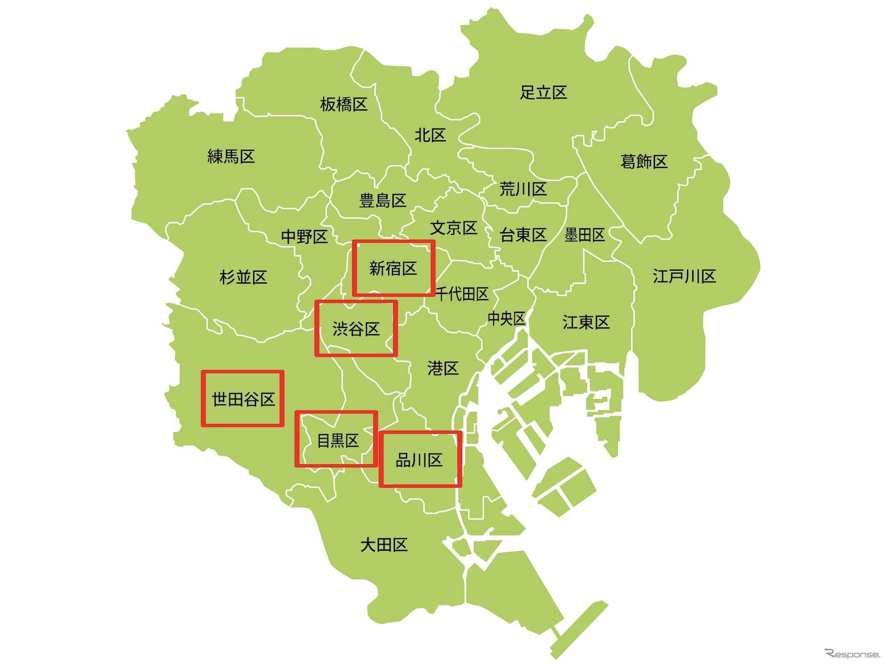 登録利用者の居住地。多い順に渋谷区・世田谷区・目黒区・新宿区・品川区