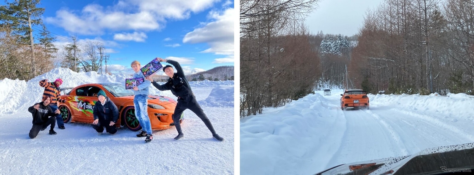 走行会に参加した動画クリエイター（左）/御岳スノーランドでの雪道走行の様子（右）