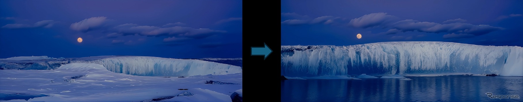 「Meet Japan!」の元画像（左）をAIで拡張し、ドローンが低空飛行するような移動感のある映像（右）を生成