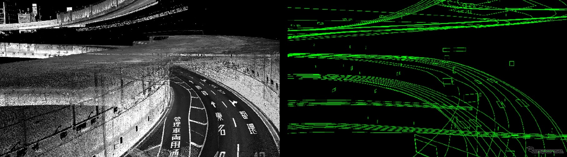 高精度3次元点群データ（左）と高精度3次元地図データ（右）