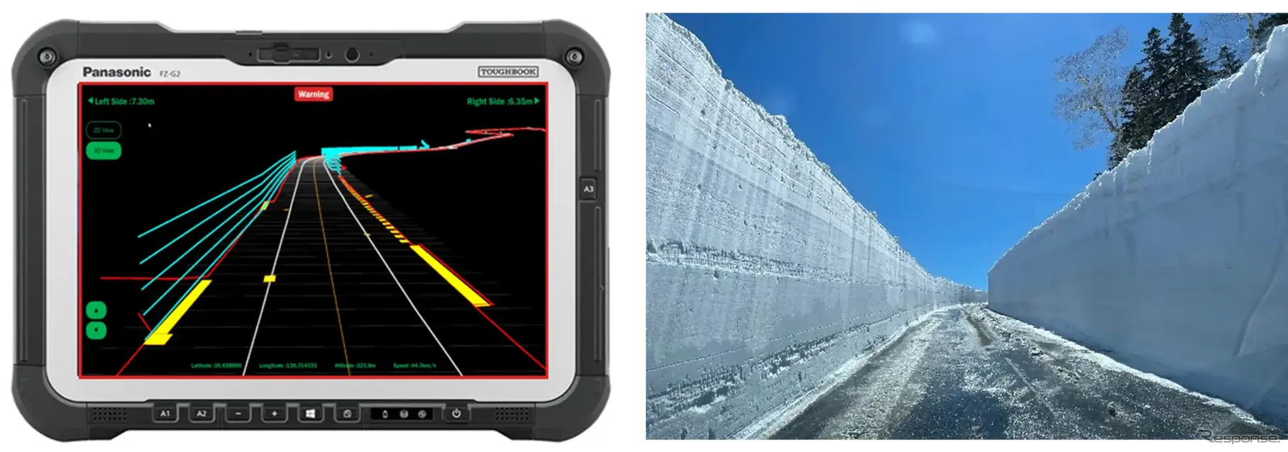 (左)除雪支援システム「SRSS」製品イメージ (右)実際の除雪現場イメージ