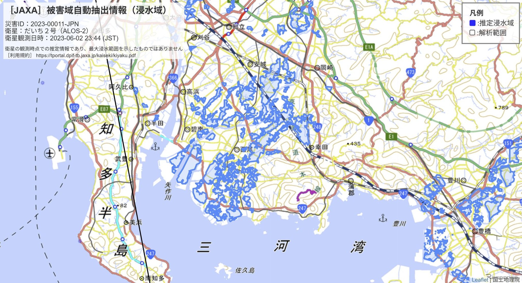 JAXAが「だいち2号」で観測したデータを自動解析した浸水被害推定域