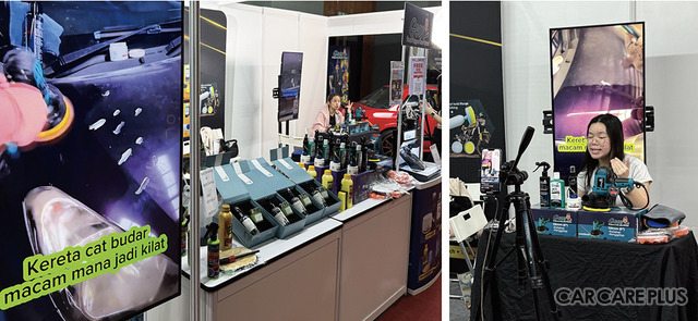 カーディテイリング関連商材を出展していたブース内に、動画配信のスペースを設けて配信を行う出展者
