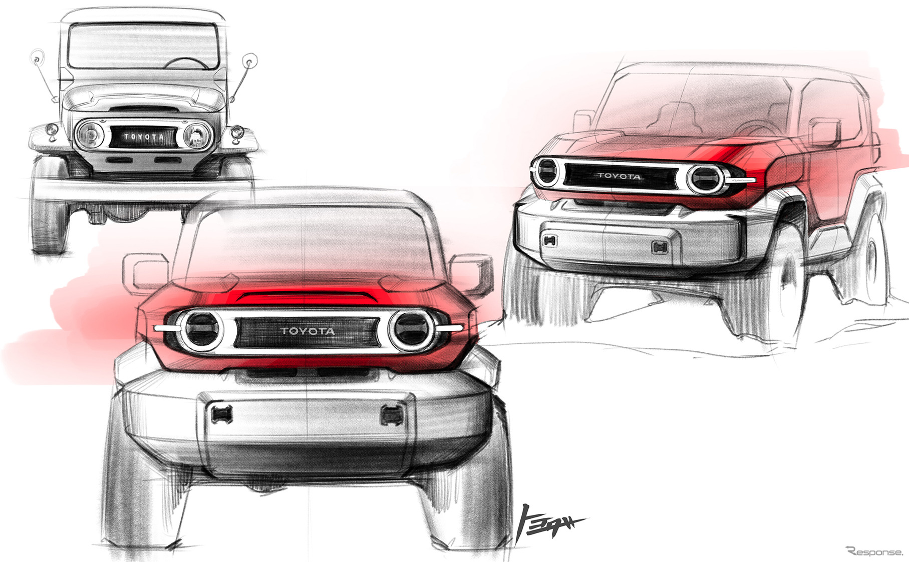 トヨタ ランドクルーザーFJのデザインスケッチ。FJ40（左上）もモチーフとなった