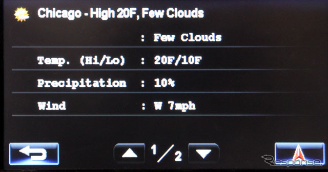 指定した地域の天気予報をリストで表示でき、これはその詳細を表示した画面。気温や湿度、風力なども表示されている