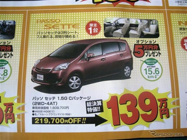 ●パッソ　セッテ　1.5G　Cパッケージ（２WD・４AT） ●トヨタカローラ釧路 ●本店0154-23-2435、星が浦店、他4店 ●3/6〜3/7 ●ひなごろ