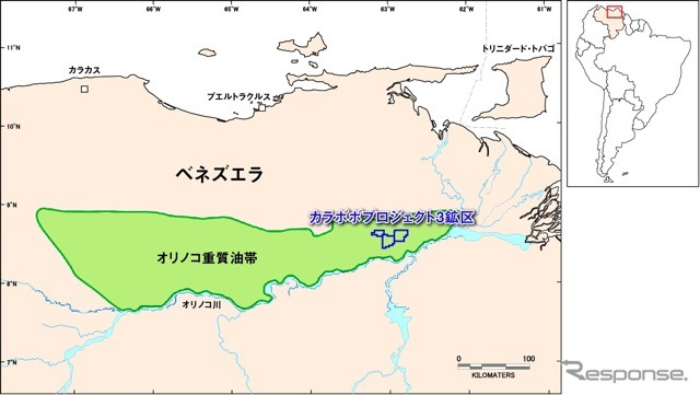 オリノコ地帯カラボボ・エリアプロジェクト3鉱区（ブロック5、ブロック2 Southおよびブロック3 North）鉱区位置図