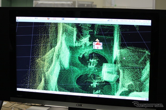 レーザー測距センサを用いて作成された3次元マップ。Quince自体はCGで描画され、操縦しやすくなっている