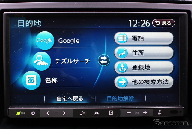 目的地メニュー。オンラインの「Google」、「チズルとススム」のPOIから検索するチズルサーチ、そしてナビ本体の検索データからサーチする「名称」の3種のキーワード検索が利用できる。