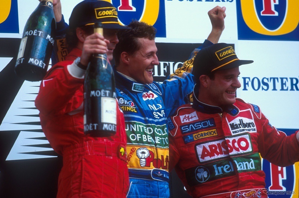 1994年、パシフィックGP、日本、TIサーキット英田。1位：ミハエル・シューマッハ、2位：ゲルハルト・ベルガー、3位：バリチェロ