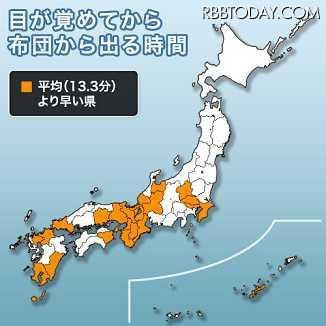 寒い冬の朝、布団を出るまでどれだけ時間かかる？ 最下位は意外なあの県 目覚めてから布団から出る時間で、オレンジ色は全国平均より「早い」都道府県。比較的暖かい地域が早くなっている