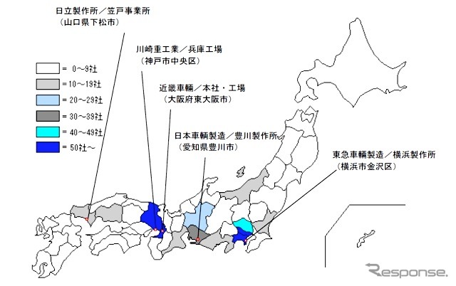 鉄道車両関連メーカーの本社所在地と車両メーカーの工場分布