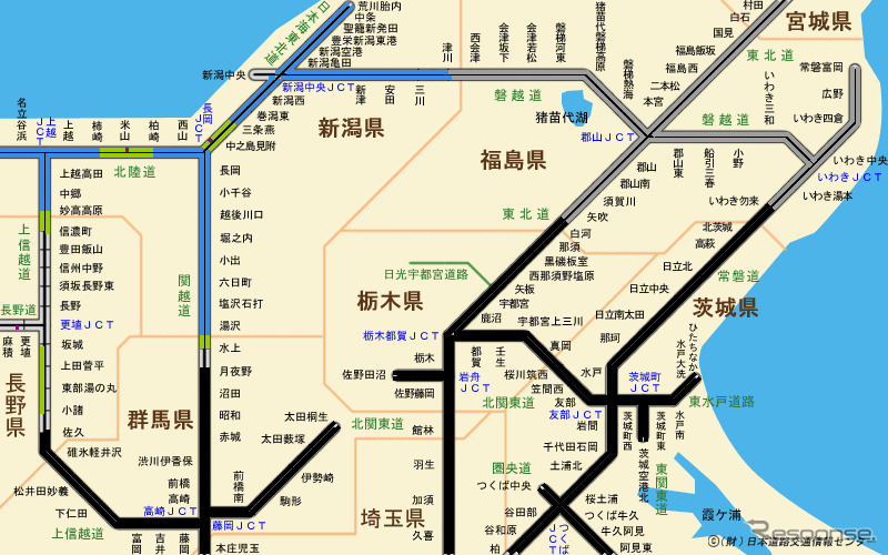 JARTIC 日本道路交通情報センターによる東北地方の高速道路の状況（灰色の表示は調整中を示す）