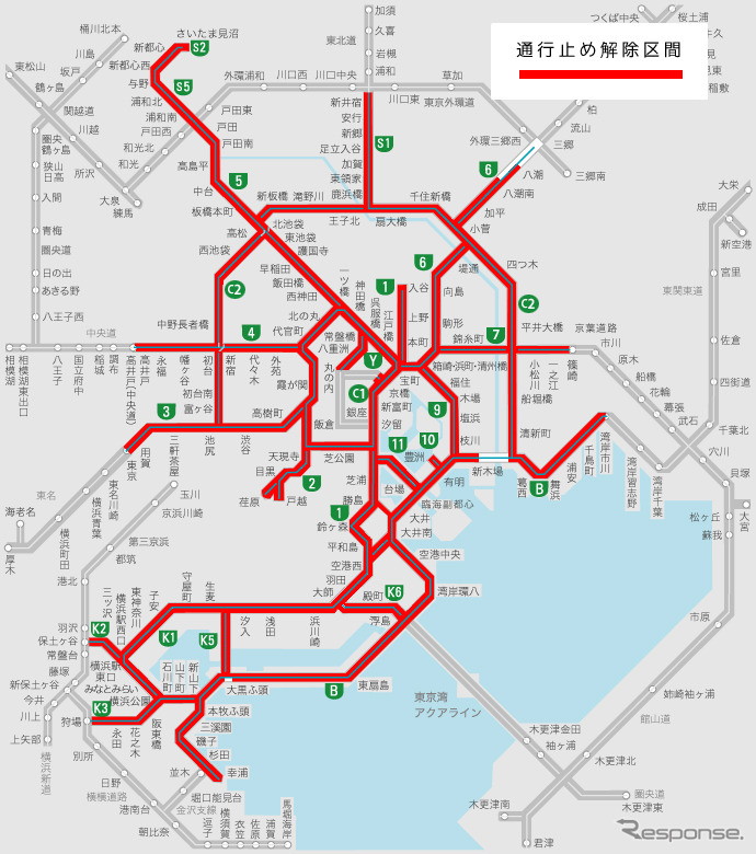 首都高の通行止め区間 14日7時