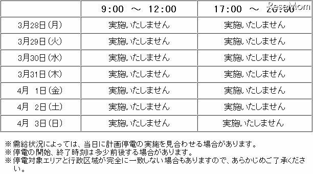 青森・秋田・山形・新潟の計画停電、4/3まで実施見送り決定 計画停電の予定（東北電力）