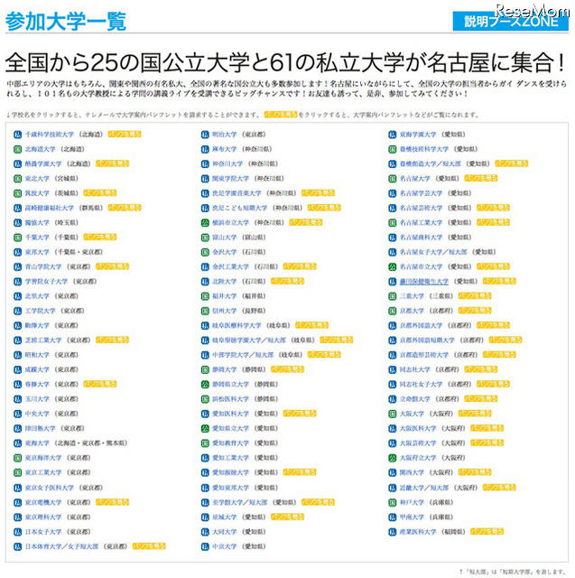 国公私立86大学が参加「夢ナビライブ2011 名古屋」6/4 参加大学一覧