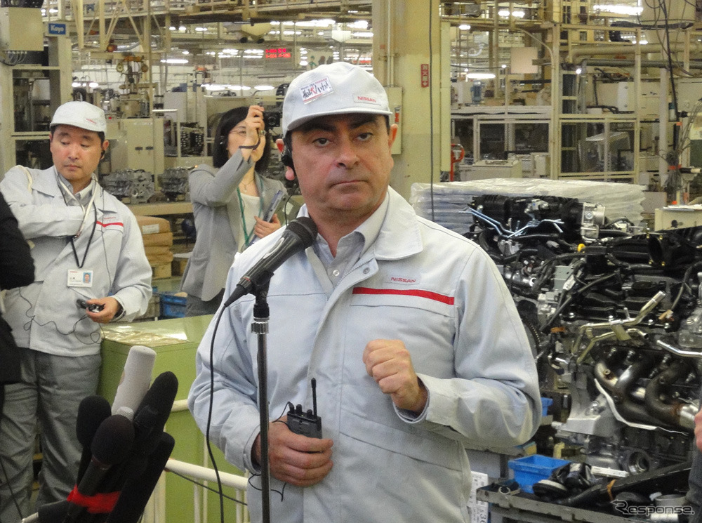 再開した日産いわき工場で会見をおこなったカルロス・ゴーン社長（5月17日）