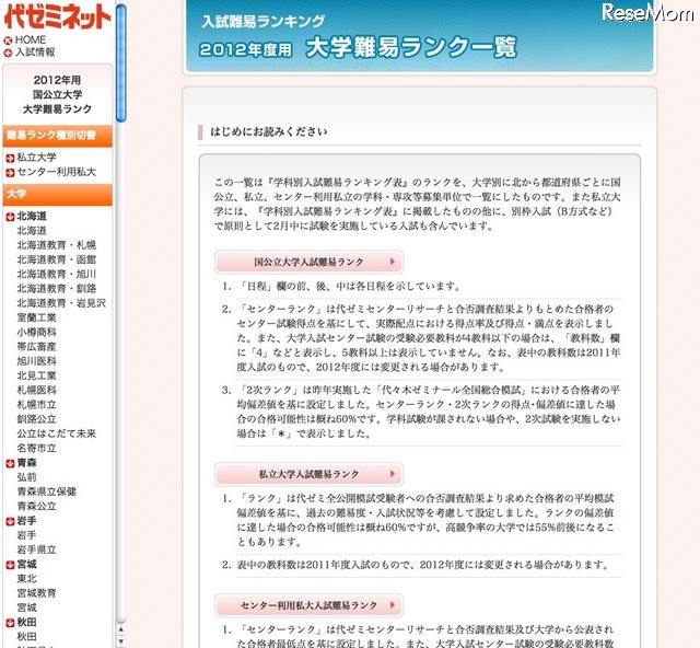 代ゼミ、2012年度用「大学入試難易ランク一覧」など公開 大学入試難易ランク一覧（国公立大学）