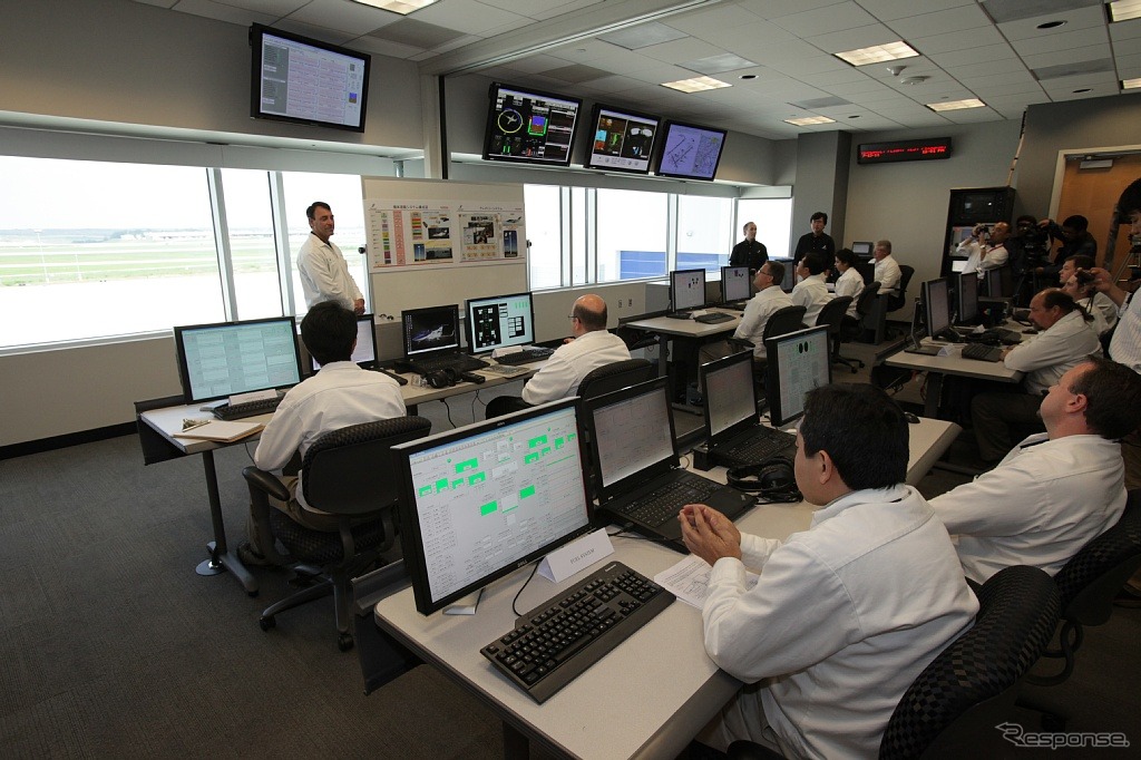 テレメトリールームはテスト飛行中の機体からリアルタイムでデータを受け、フライト状況を看視しながらパイロットに遠隔指示を行うオペレーションルーム。