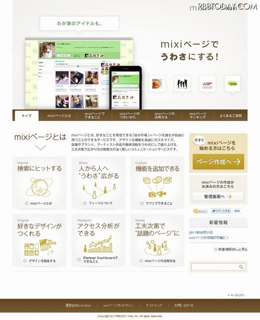 「mixiページnavi」が用意されており、ここからmixiページの作成が可能