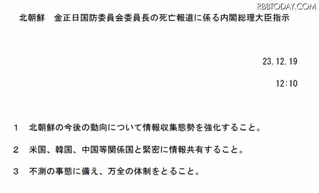 「北朝鮮　金正日国防委員会委員長の死亡報道に係る内閣総理大臣指示」の内容