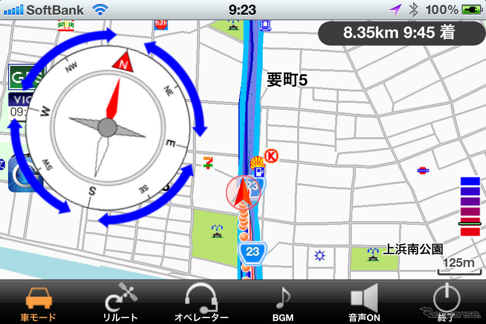 コンパスをタップすると大きくなり、地図を回転させることができる。地図がシンプルなので、回転させたりスクロールさせても軽快な操作感だ。