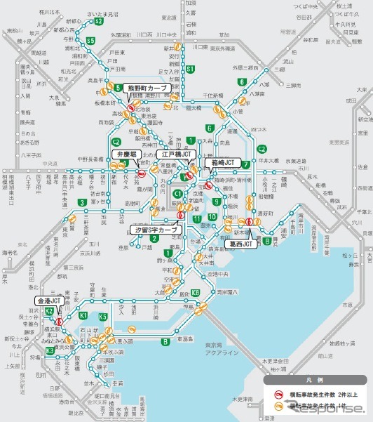 写真は2003年4月から10年3月までの7年間に発生した、大型車横転事故多発地点マップ