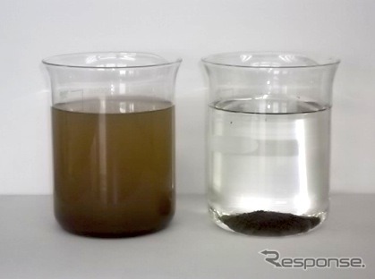 吸着・凝集剤反応速度イメージ：MI-4A。泥5gを溶解させた水1リットルに吸着剤0.2gを加え、4分間撹拌後（左）、2分間放置した（右）。