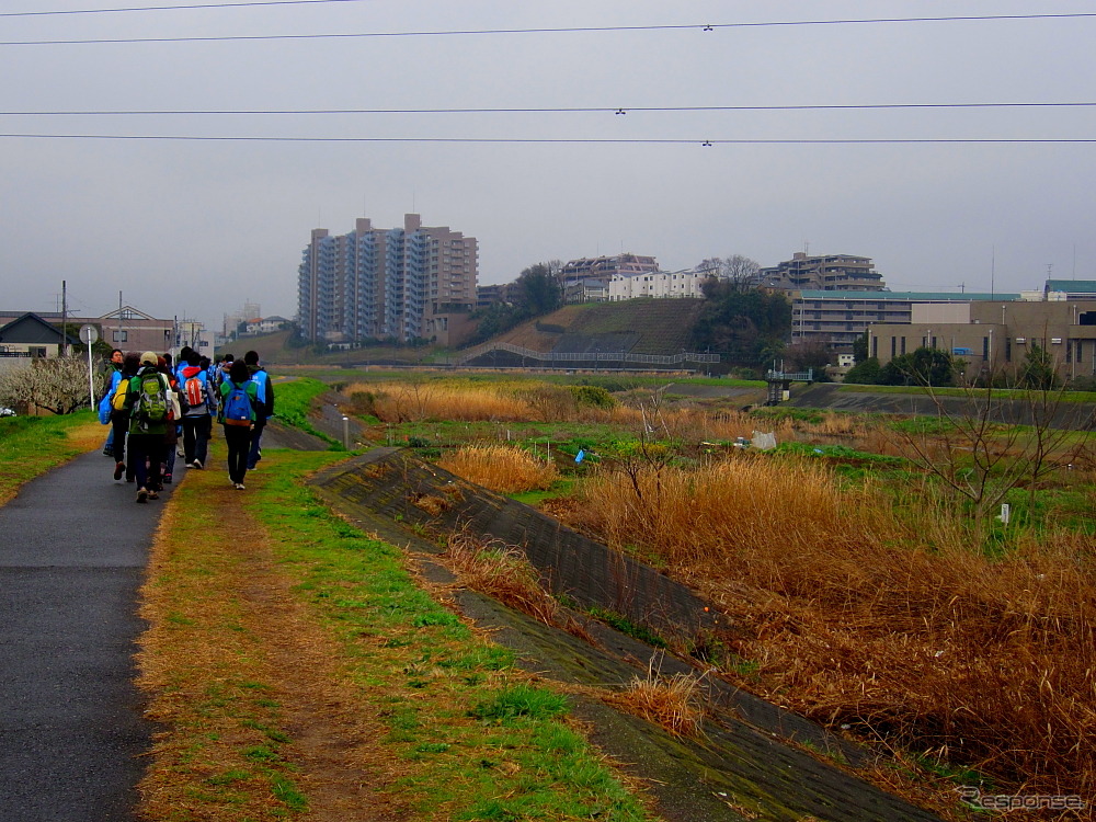 鶴見川左岸を歩く。右岸は高台でマンション群などが、左岸は平地でクルマ関連の工場や古い家屋が並ぶ