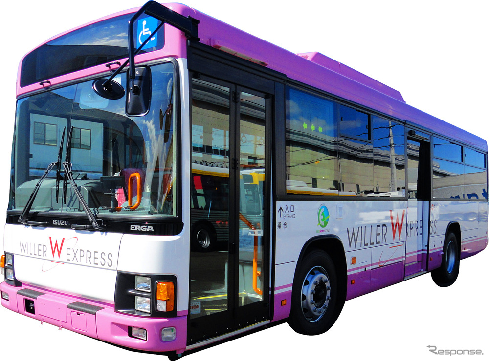 ウィラーが新たに導入するいすゞ『エルガ』ワンステップバス　ピンクのシート地も見える
