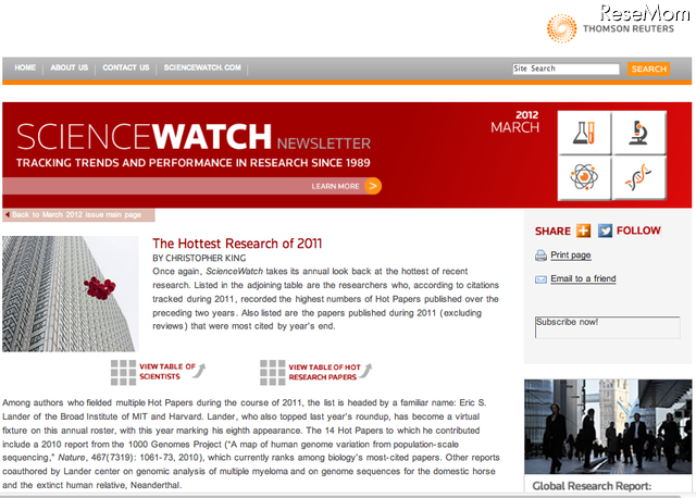 トムソン・ロイター世界で最も注目を集めた研究者と、最多引用論文ランキング