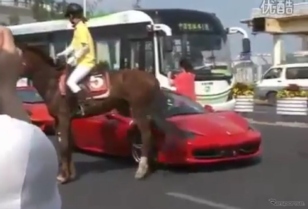 上海市内で馬に蹴られたフェラーリ458イタリア