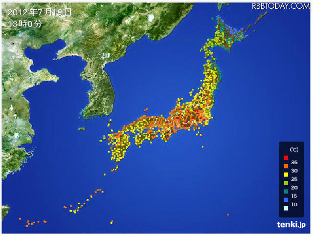 19日13時の全国の気温（tenki.jp）