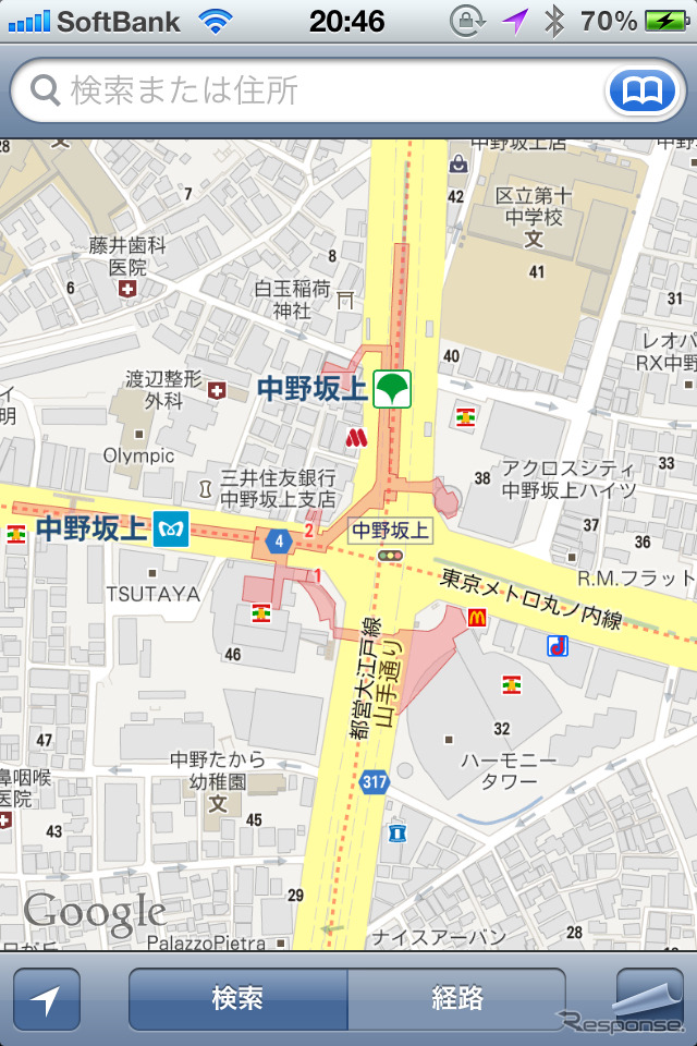 iOS 5までで採用されていたGoogle Mapsベースの地図アプリ。これまでのiPhoneでおなじみの地図だが、よく見るとバランスよく情報が掲載されている。
