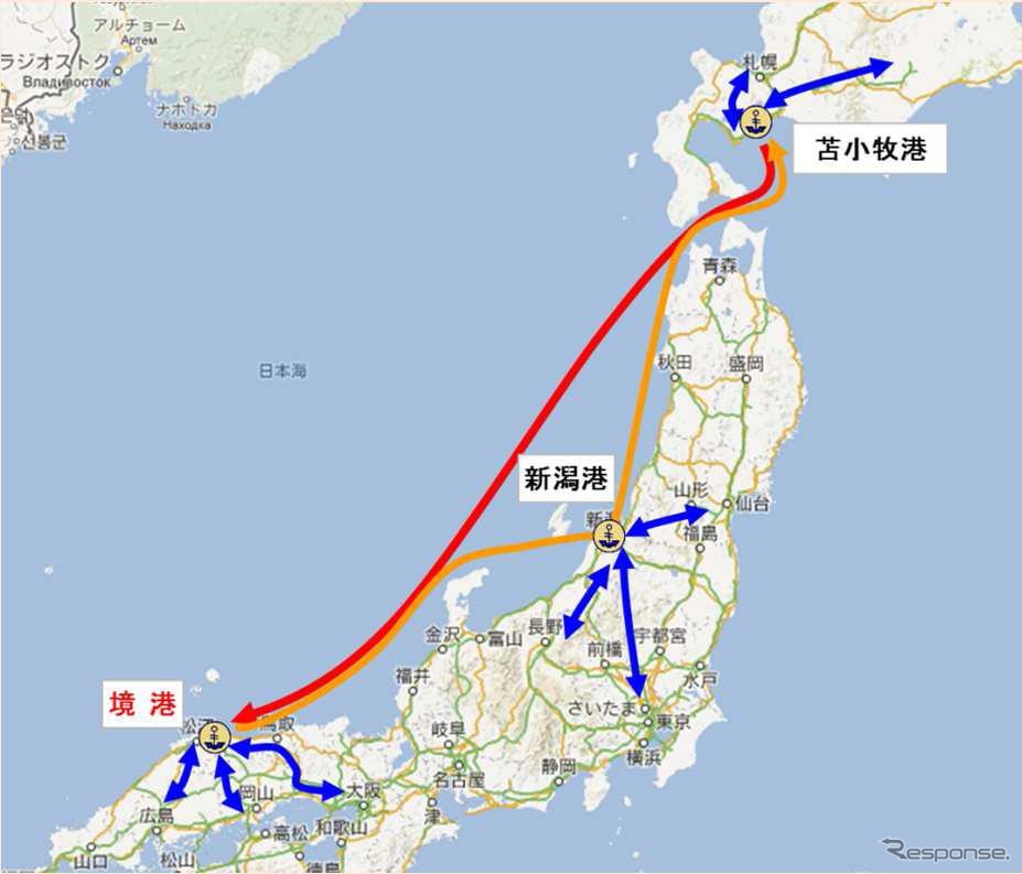 フェリー／RORO船で苫小牧港～境港～新潟港～苫小牧港をトライアル輸送