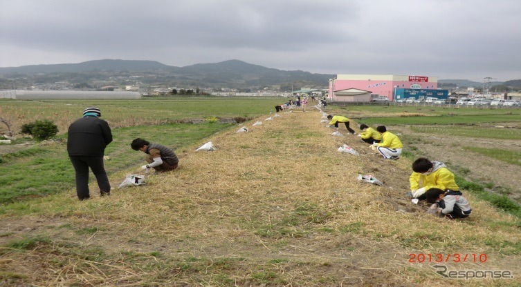 島原鉄道の廃線跡で種まきを行う地元住民。