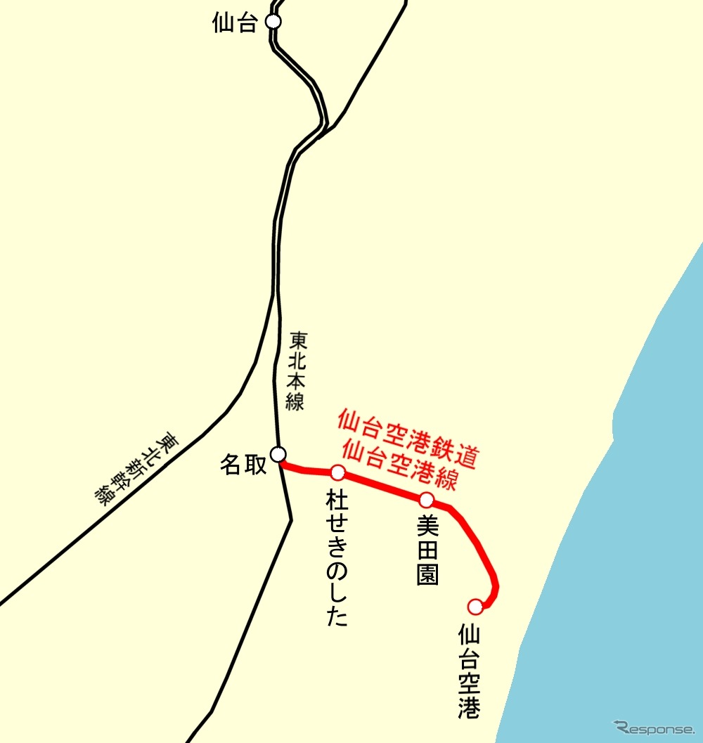 仙台空港鉄道線第空港線（仙台空港アクセス線）の路線図。