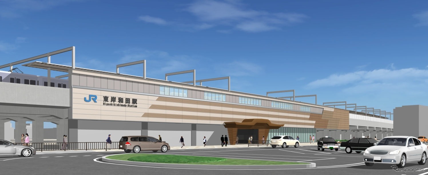 東岸和田駅の新駅舎（イメージ）。JR西日本はだんじり祭をモチーフにスピード感や力強さを表現するとしている。