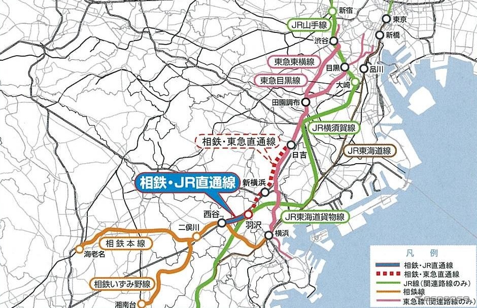 相鉄・JR直通線（西谷～羽沢）と相鉄・東急直通線（羽沢～新横浜～日吉）の路線図。今回、相鉄・JR直通線の開業時期が2018年度に変更された。