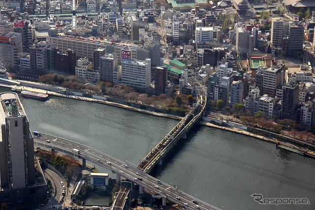 東京スカイツリーから浅草駅方を見下ろす