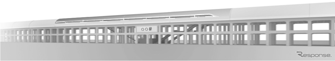 中央新幹線中間駅（高架）の外観イメージ。明かりフードや防音壁を設置する。