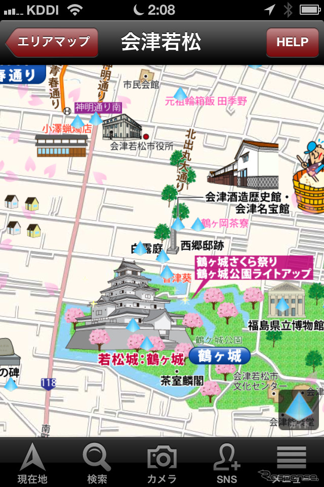 会津若松の地図上にガイドを表示。現在の季節は桜の花びらが地図全体を舞っている
