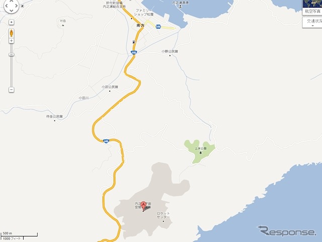 内之浦港から内之浦宇宙観測所までの地図(Google マップ)。